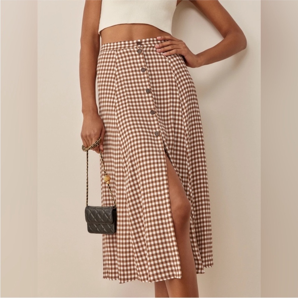 Reformation Hermosa Midi Skirt in Brown Gingham